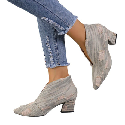 Buycenter Women's V Cut Denim Booties - Chunky Mid Heel, Pointed Toe - Buy Center