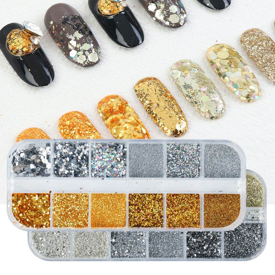 Nail Gold & Silver Glitter Laser Sequins - 12 Bars for Stunning Designs - Buy Center