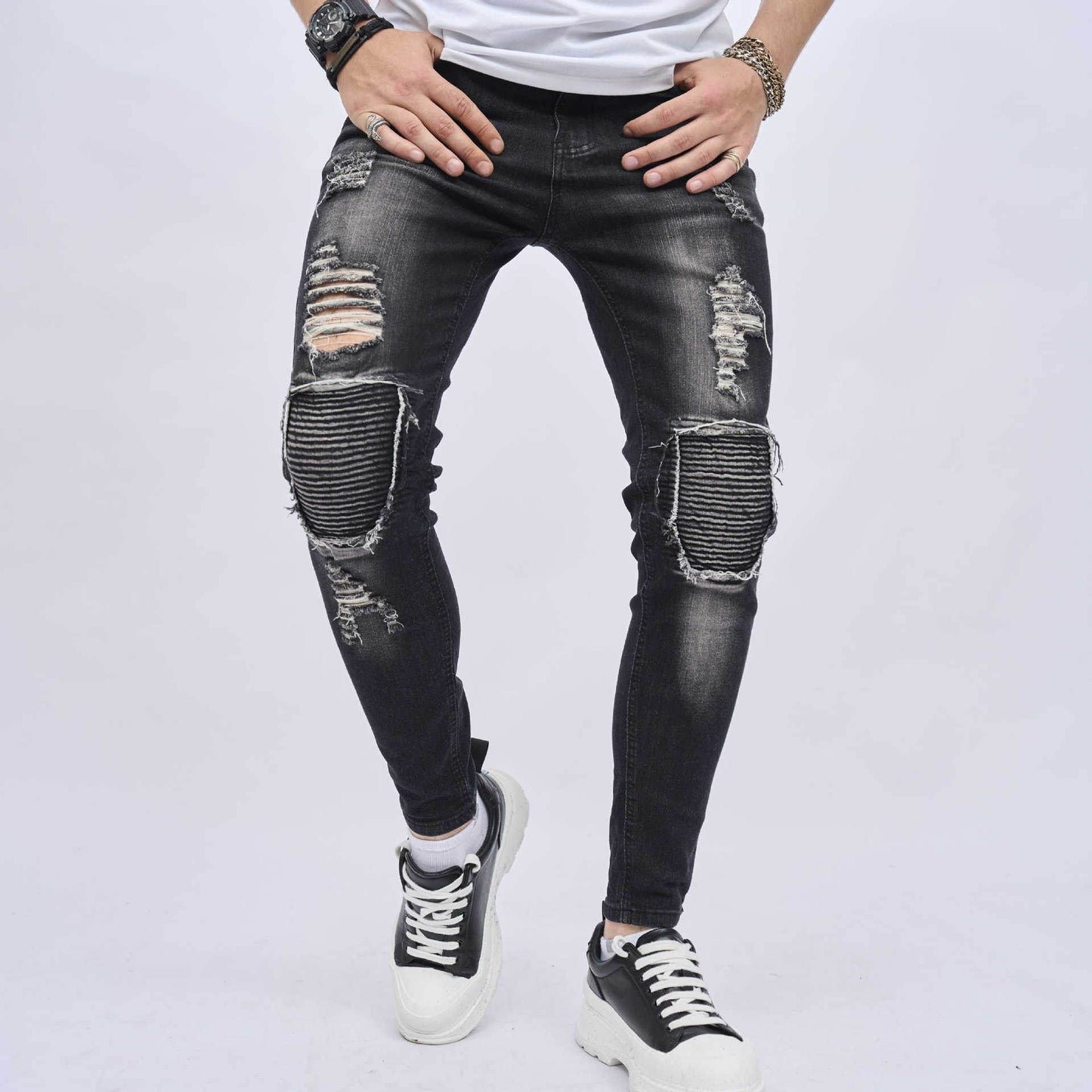 Men's Ripped Slim Stretch Jeans - Casual Denim for Everyday Style - Buy Center
