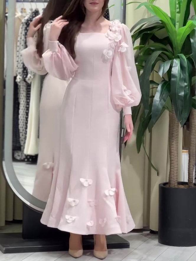 Buycenter Elegant Flower Embellished Long Sleeve Fishtail Maxi Dress - Buy Center