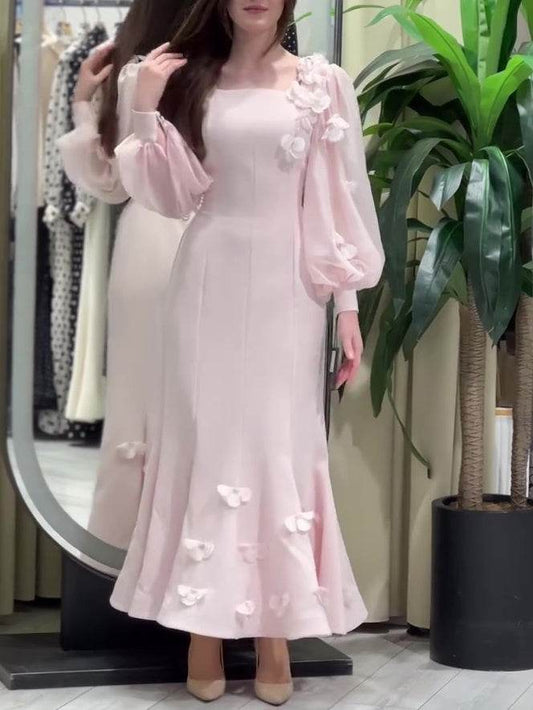 Buycenter Elegant Flower Embellished Long Sleeve Fishtail Maxi Dress - Buy Center