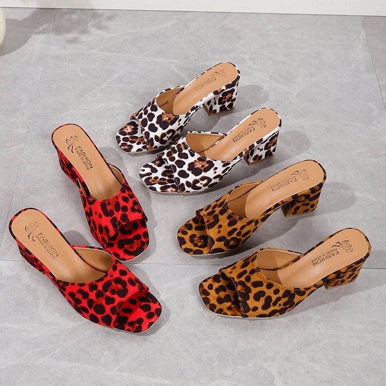 Buycenter Leopard Square Toe Sandals - Stylish High-Heeled Slippers for Women - Buy Center