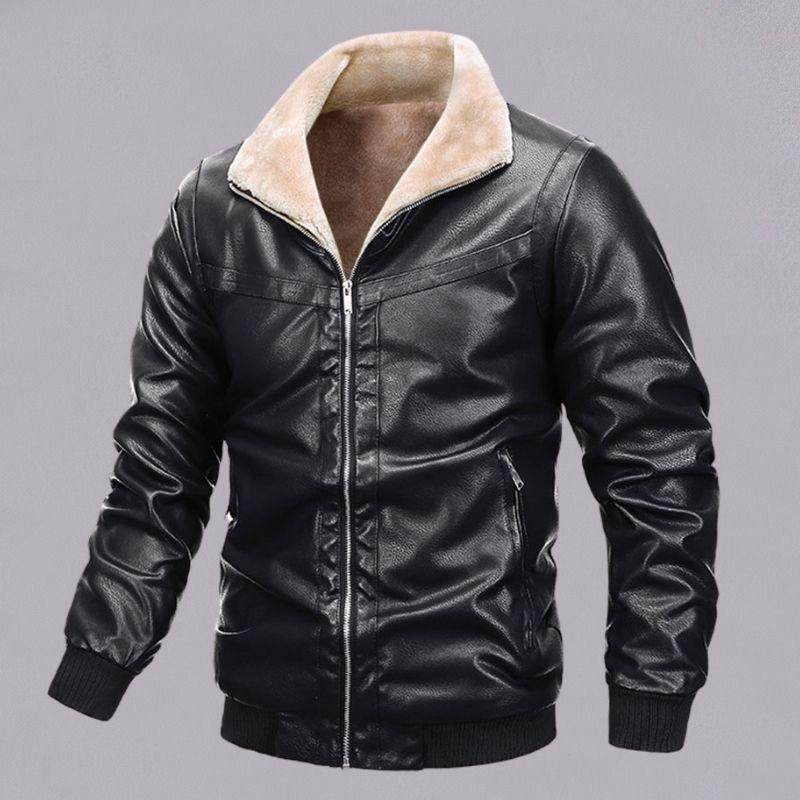 Trendy Men's Leather Jacket with Fleece - Zipper Pocket for Winter Style - Buy Center