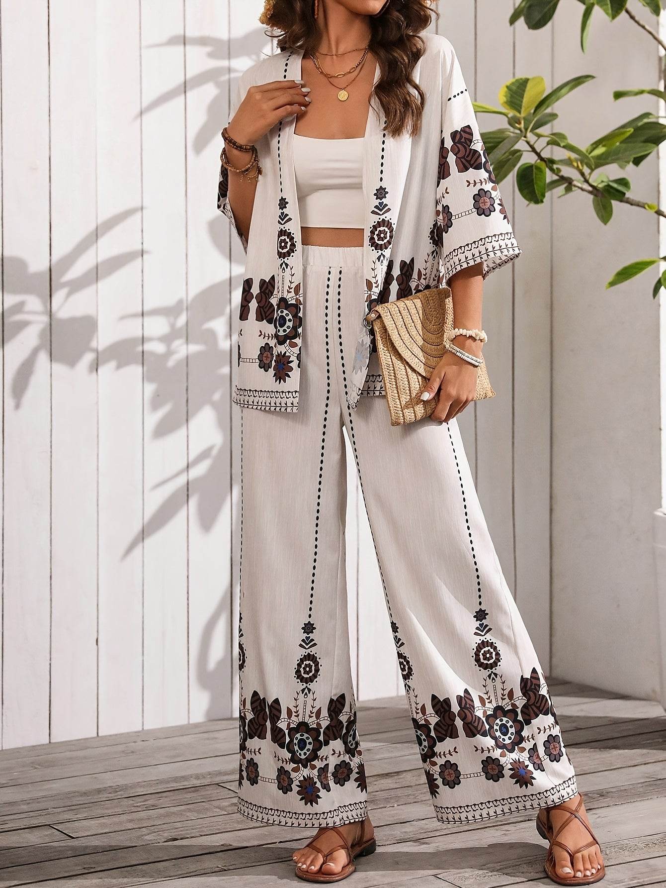 H632 Long Pants Floral Set - Casual Cardigan Collar Style - Buy Center