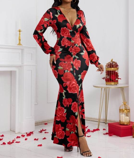 Ladies' V-neck Floral Dress - Trendy Hip Hugging Fit for Summer Style - Buy Center