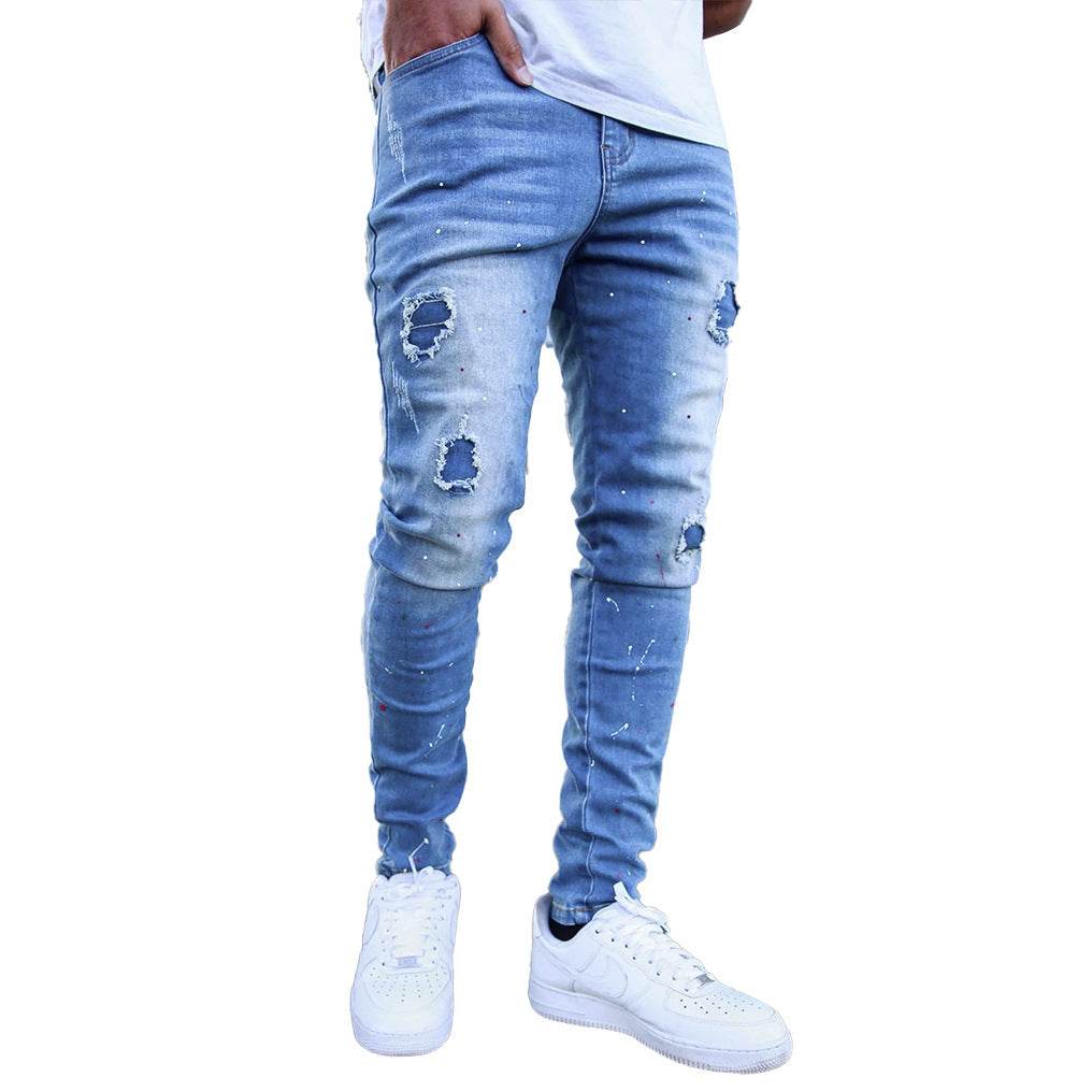 Trendy Splash-Ink Skinny Men's Jeans - Light Blue Low Waist Style - Buy Center