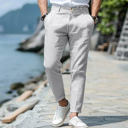 Men's Linen Summer Trousers - Mid Waist, Slant Pockets, Straight-Leg - Buy Center