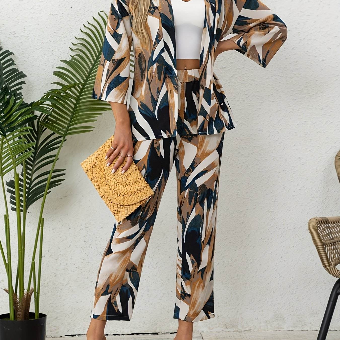 Elegant Leaf Print Two-Piece Set - Chic Blazer & Matching Pants - Buy Center