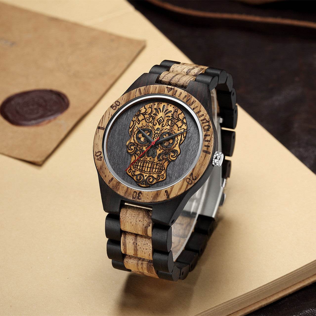 Skull Wooden Quartz Watch - Stylish Double Color, Waterproof Design - Buy Center