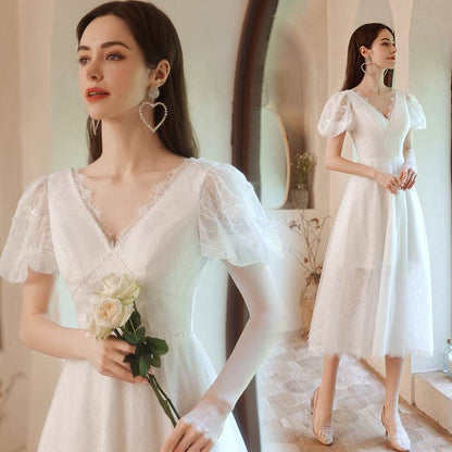 Buycenter White Evening Dress - Embroidered Deep V-Neck for Weddings - Buy Center