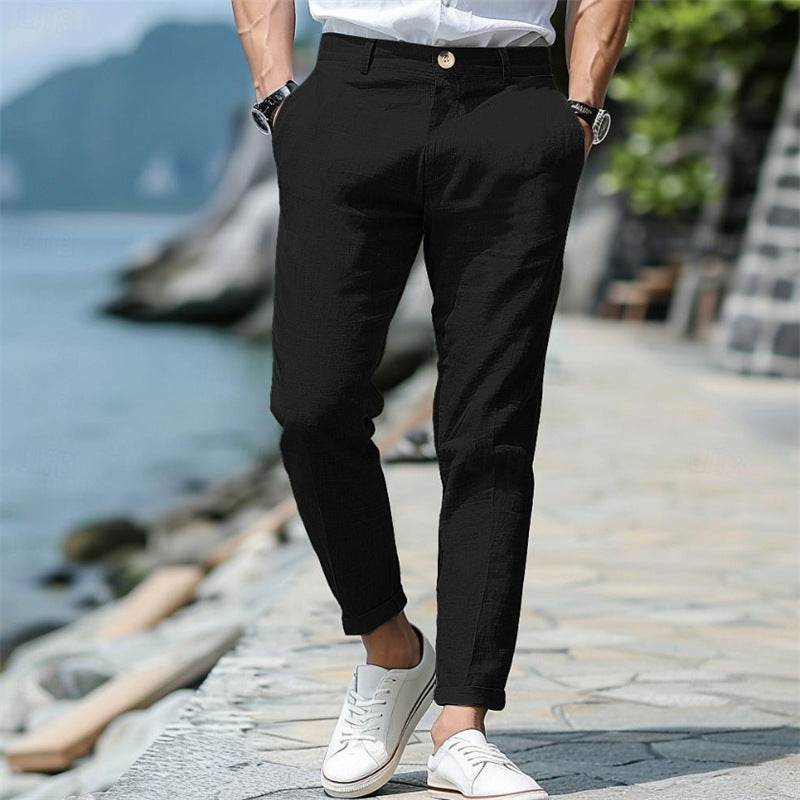 Men's Linen Summer Trousers - Mid Waist, Slant Pockets, Straight-Leg - Buy Center