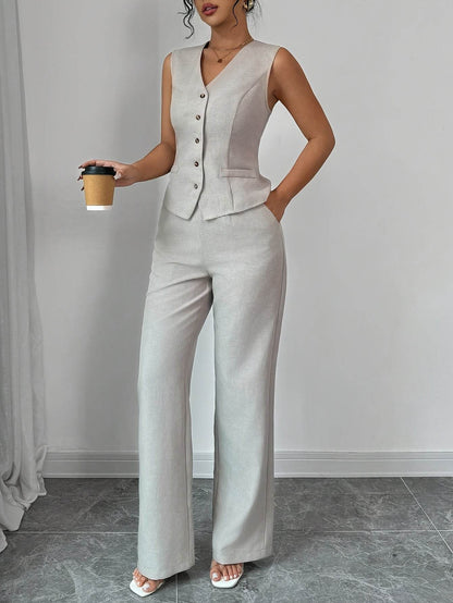 Women's Solid Color Vest & Wide-Leg Pants Set - Elegant Spring Look - Buy Center
