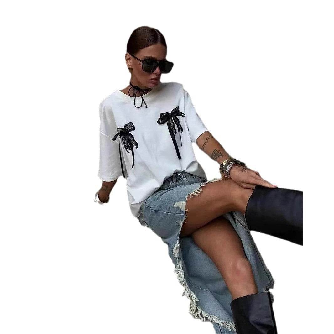 Millennium Women's Lace Stitching T-Shirt - Bowknot Short Sleeve Style - Buy Center