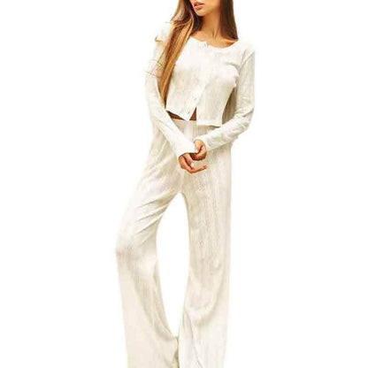 Long Sleeve White Hollow-Out Knitted Pajamas - Stylish & Comfortable Set - Buy Center