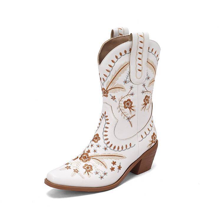 Buycenter Chunky Heel Cowboy Boots - Embroidered Knee-high Woman's Footwear - Buy Center