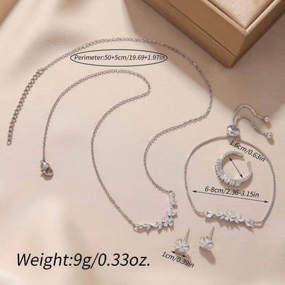 Elegant Zircon Inlaid Jewelry Set - Silver Necklace, Ring, Earrings & Bracelet - Buy Center