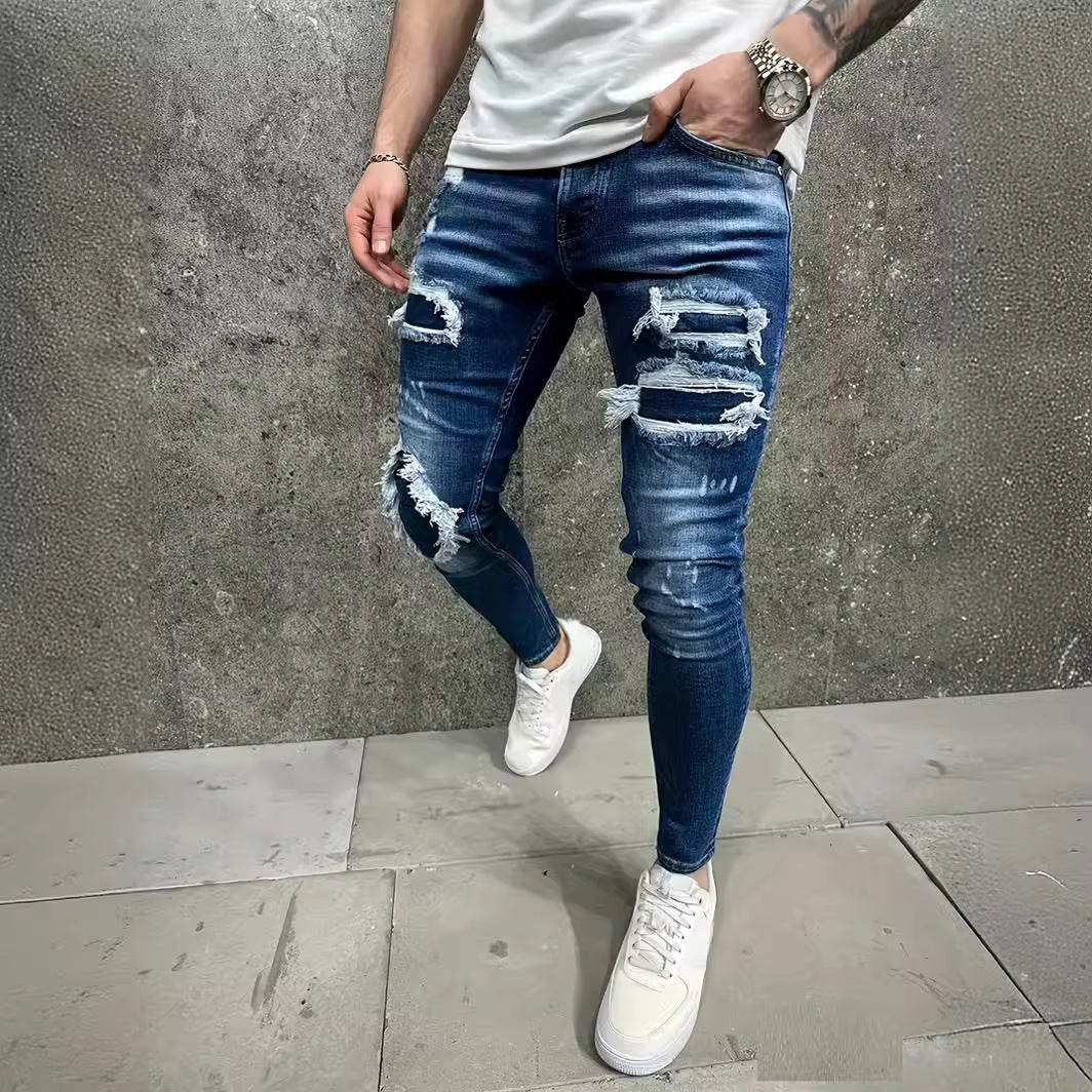 European & American Fashion Men's Jeans - Worn-Out Patch Design, Mid Waist - Buy Center