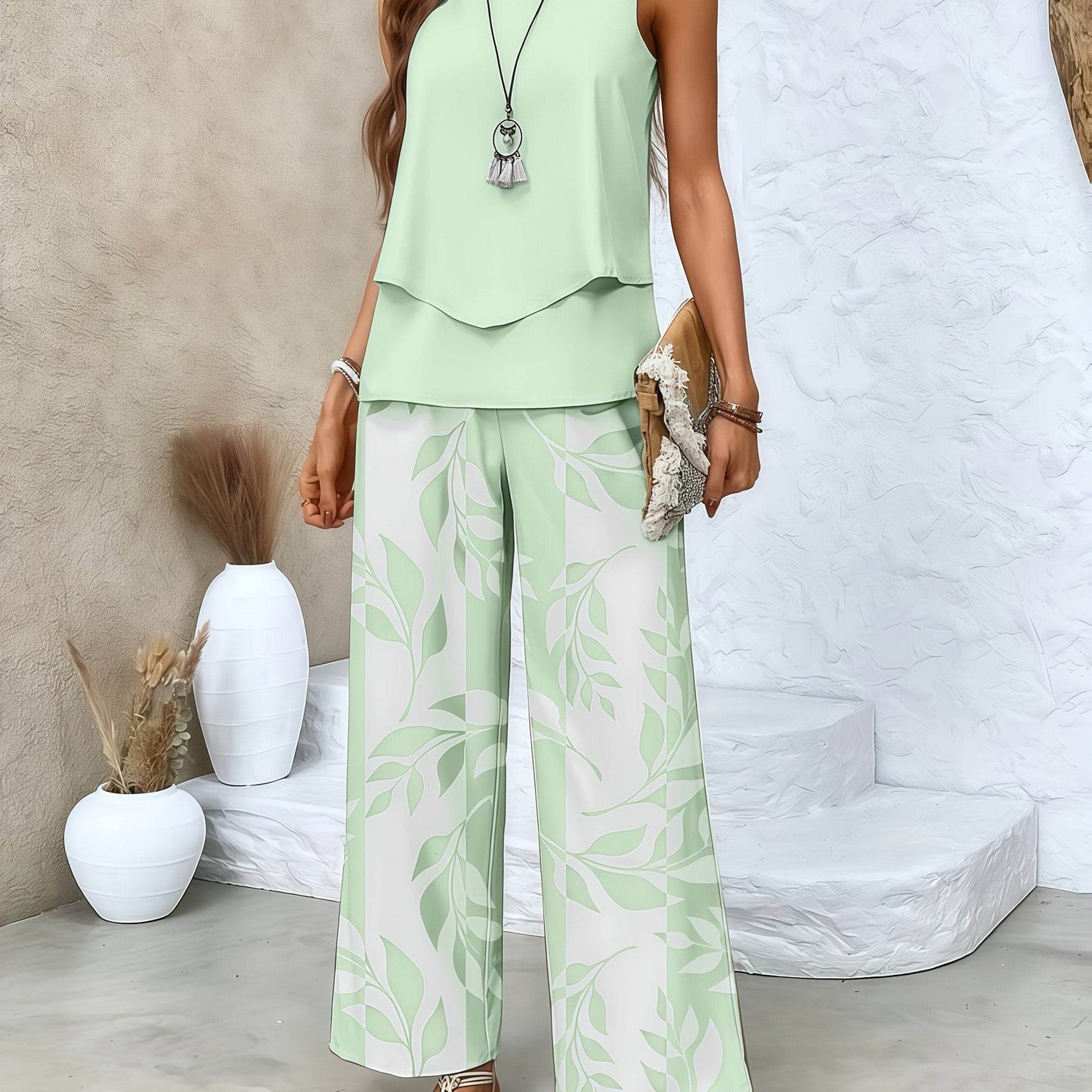 Elegant Red Sleeveless Blouse & Wide-Leg Pants Set - Spring Style - Buy Center