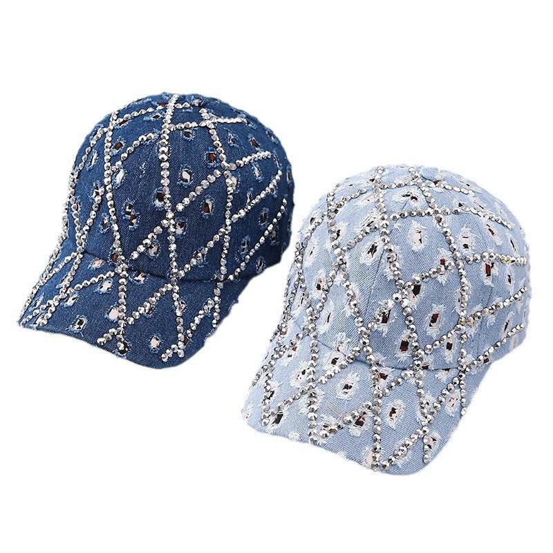 Ripped Diamond Denim Baseball Cap - Trendy Leopard Rhinestone Design - Buy Center