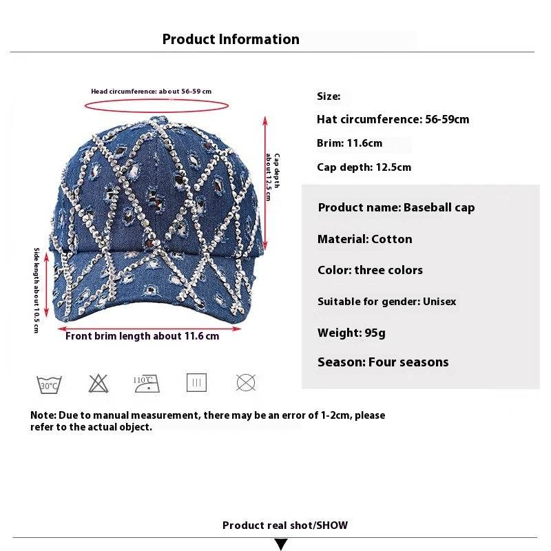 Ripped Diamond Denim Baseball Cap - Trendy Leopard Rhinestone Design - Buy Center