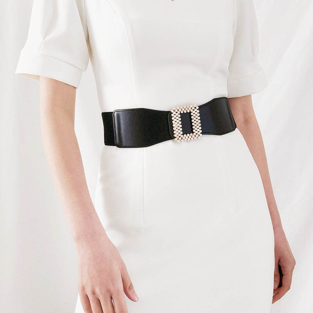 Women's Black Rhinestone Square Buckle Belt - Versatile Elastic Waistband - Buy Center