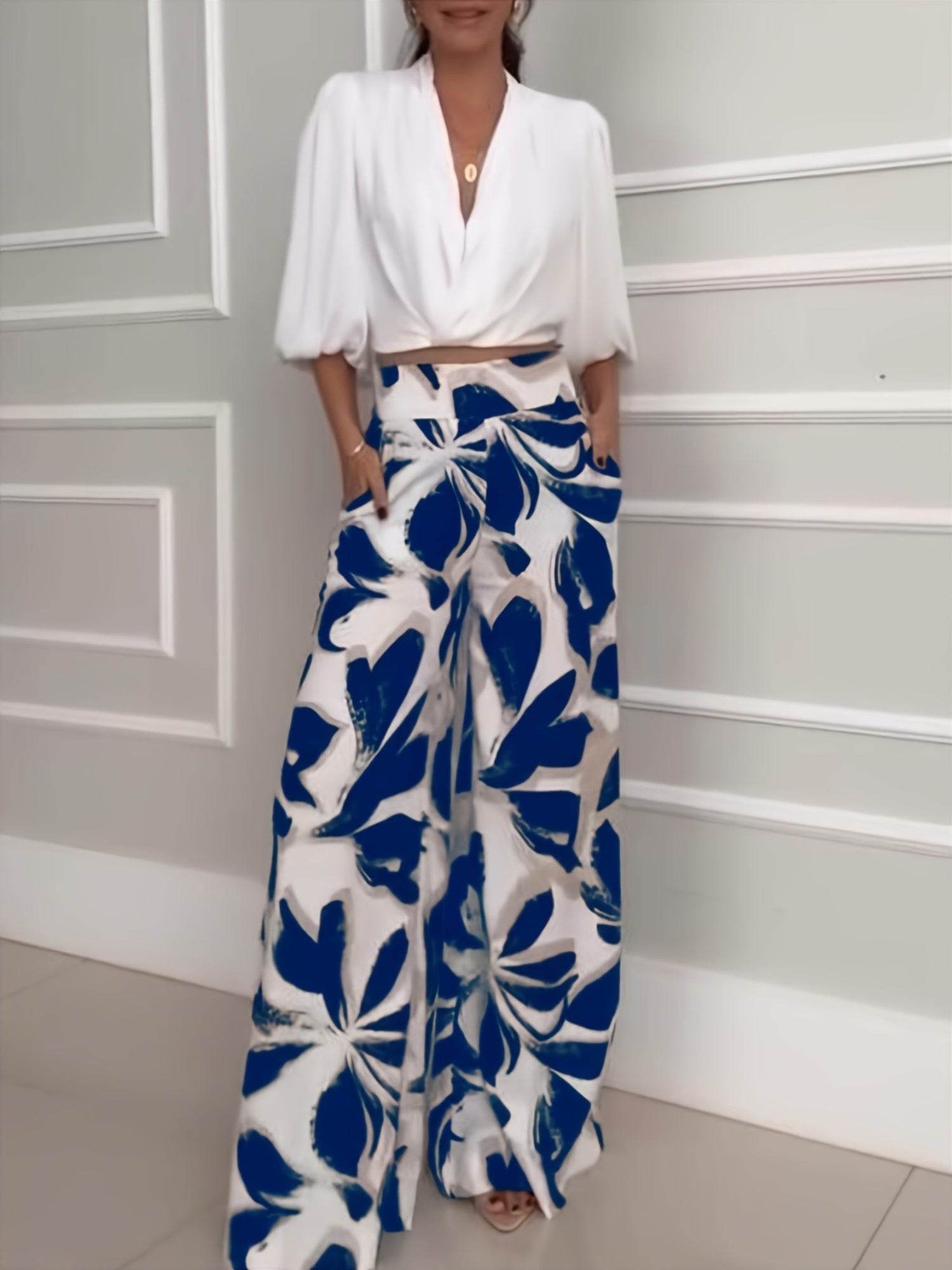 Women's Casual Floral Wide Leg Pants & Off-Shoulder Shirt Set - Buy Center