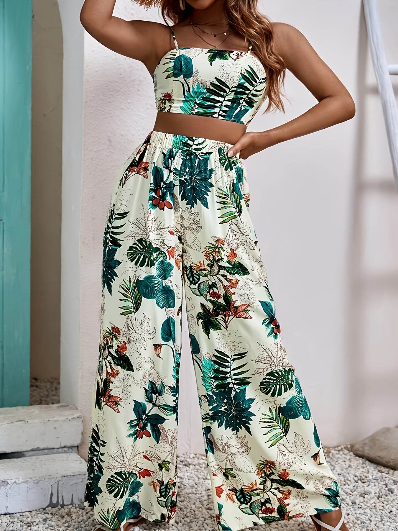 Tropical Print Camisole Set - Elegant Wide-Leg Pants for Summer - Buy Center