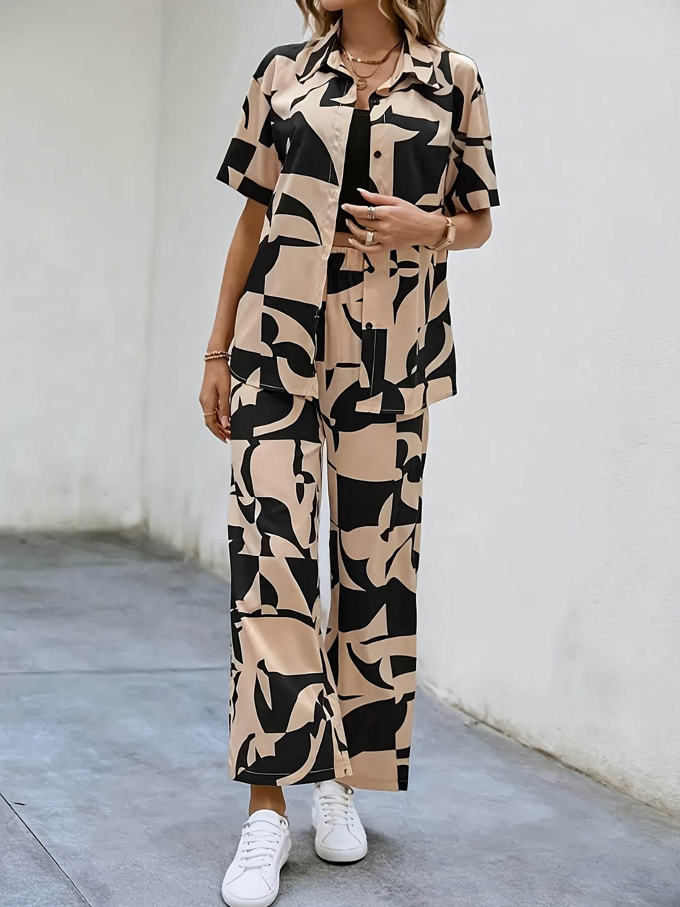Elegant Geometric Print Shirt & Wide-Leg Pants Set - Spring Style - Buy Center