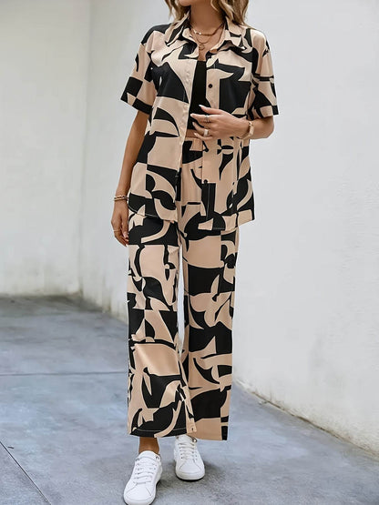 Elegant Geometric Print Shirt & Wide-Leg Pants Set - Spring Style - Buy Center