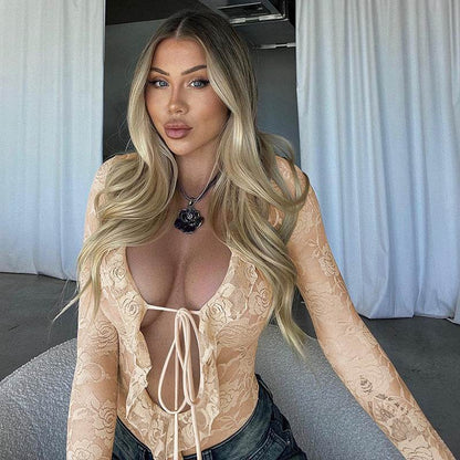 Apricot Patchwork Lace Irregular Jumpsuit - Sexy Tight Fit for Women - Buy Center