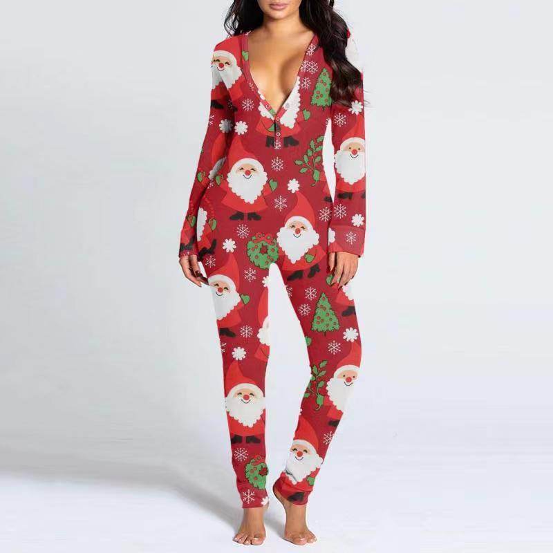 Buycenter Women's Printed Button Tight Jumpsuit - Comfortable V-Neck Style - Buy Center