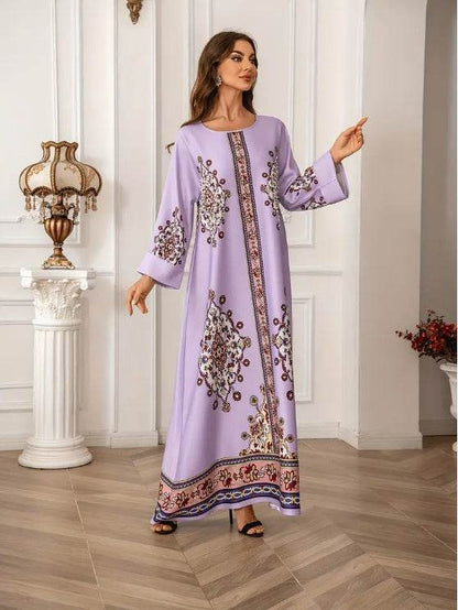Elegant Floral Print Long Sleeve Abaya Dress - Buycenter Lady Fashion - Buy Center