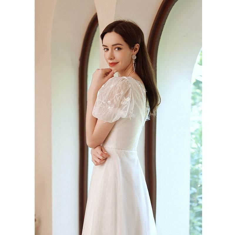 Buycenter White Evening Dress - Embroidered Deep V-Neck for Weddings - Buy Center