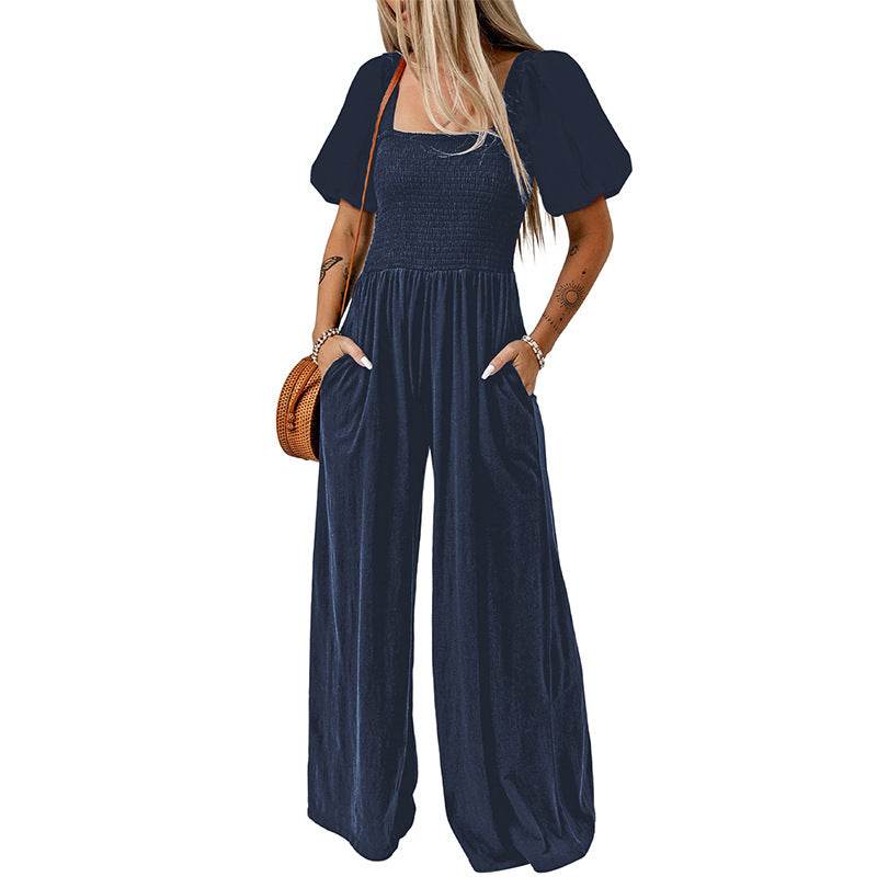 Women's Square Collar Black Jumpsuit - Chic Short Sleeve Design 2025 - Buy Center