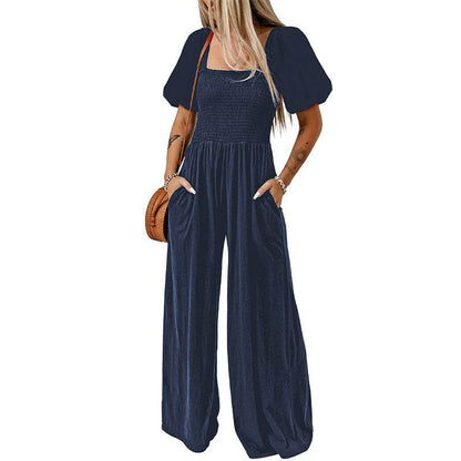 Women's Square Collar Black Jumpsuit - Chic Short Sleeve Design 2025 - Buy Center