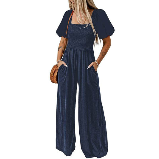 Women's Square Collar Black Jumpsuit - Chic Short Sleeve Design 2025 - Buy Center