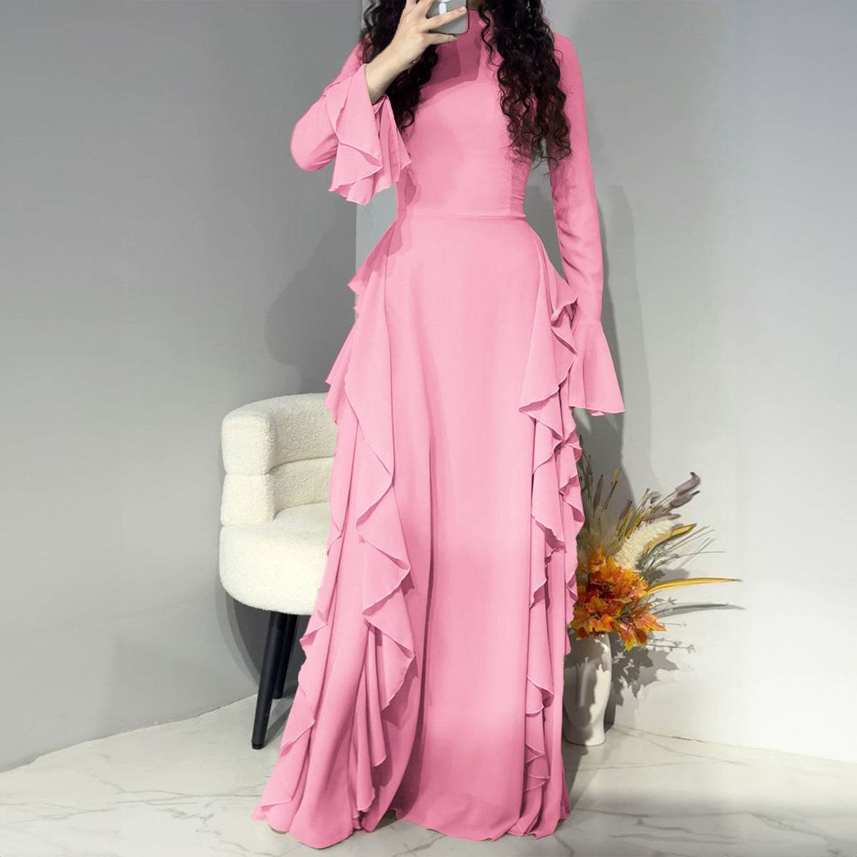 Buycenter High Waist Bell Sleeve Dress - Elegant Ruffle Design in Multiple Colors - Buy Center
