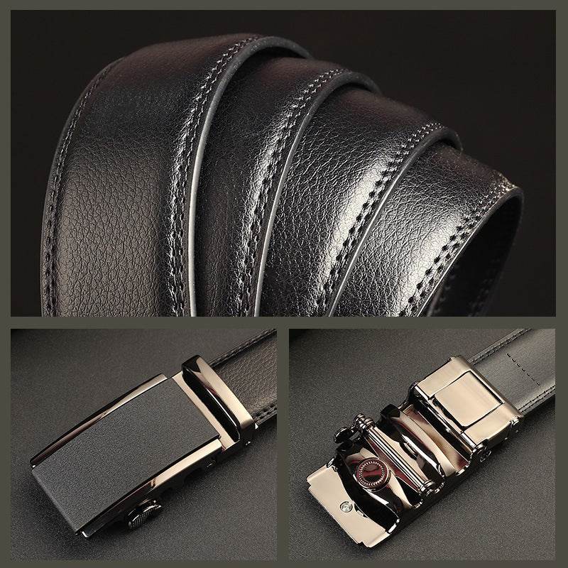 Men's Leather Automatic Buckle Belt - Two-Layer Cowhide, Embossed Style - Buy Center