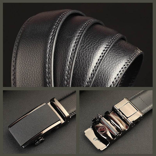 Men's Leather Automatic Buckle Belt - Two-Layer Cowhide, Embossed Style - Buy Center