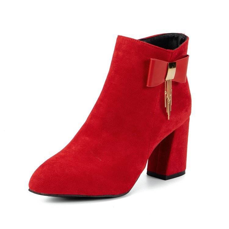 Buycenter Chunky Heel Side Zipper Boots - Stylish Red Suede for Women - Buy Center