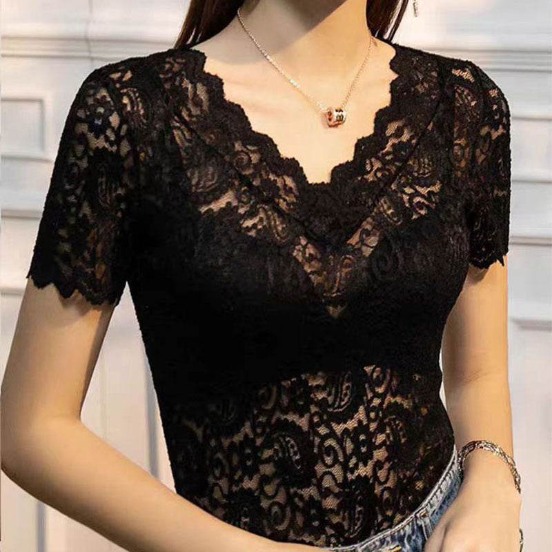 Ladies V-Neck Hollow Lace Short Sleeve Shirt - Slim Fit & Stylish Accents - Buy Center