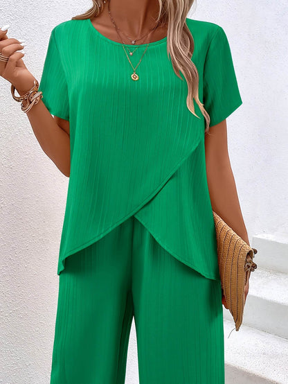 Women's Spring Casual Two-Piece Set - Round Neck Dress Top & Pants - Buy Center