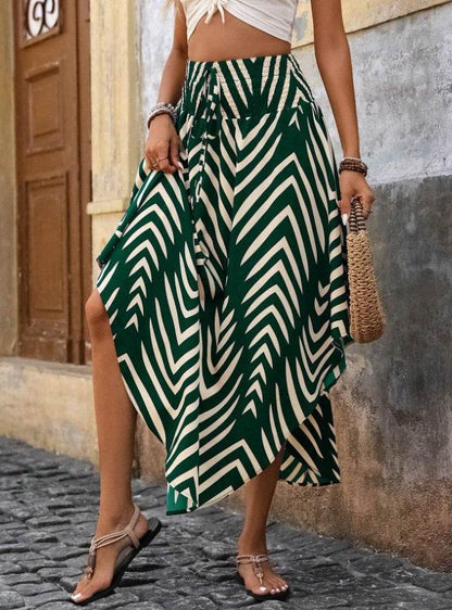 Buycenter Women's Asymmetrical Chevron Print Skirt - Dark Green Boho Style - Buy Center