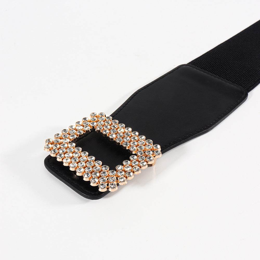 Women's Black Rhinestone Square Buckle Belt - Versatile Elastic Waistband - Buy Center