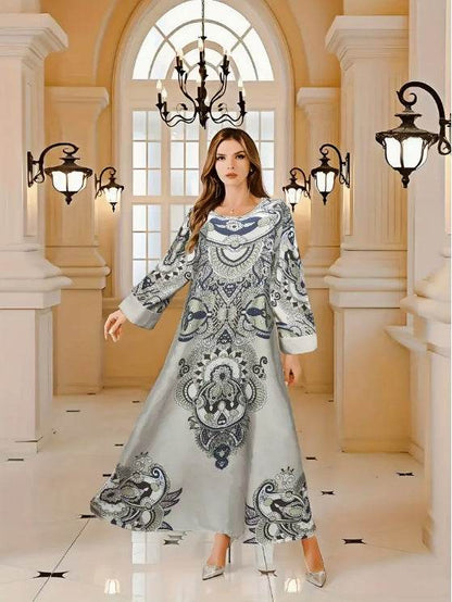Buycenter Elegant Floral Print Abaya Dress - Long Sleeve, Chic Design - Buy Center