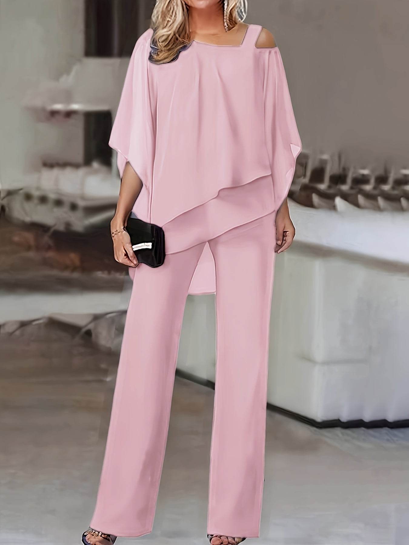 Elegant Off-Shoulder Asymmetrical Blouse & Pants Set - Purple Casual - Buy Center