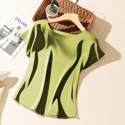 Silky Acetate Satin T-Shirt for Women - Loose Fit, Short Sleeve Style - Buy Center