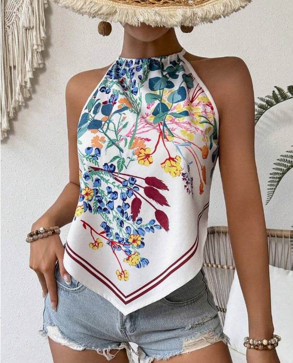 Buycenter Sleeveless Printed Tank Top - Notched Neck Halter Style - Buy Center