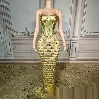 Elegant Gold Mermaid Evening Dress - Slimming Bandage Design for Women - Buy Center