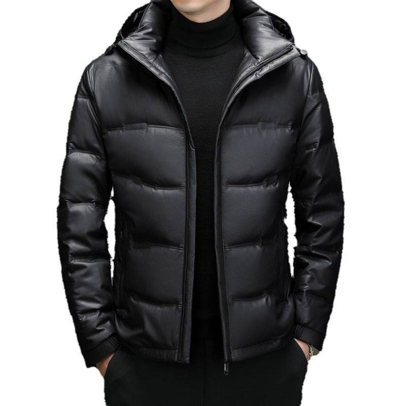 Men's Casual White Duck Down Coat - Premium Leather Hoodie for Warmth - Buy Center